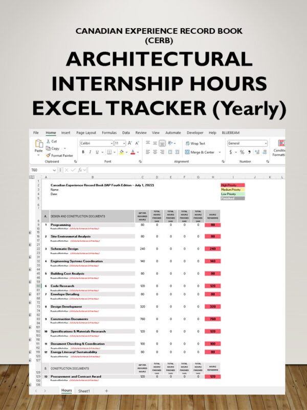 Architectural Internship Hours Excel Tracker - Yearly
